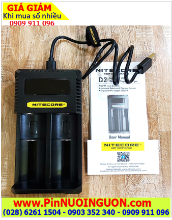 Nitecore Ci2 _Máy sạc 02 Pin cổng USB (Sạc pin Li-ion 3.7v-4.2v, NiMh 1.2v AA, AAA, 18650,14500, 16340, 21700, 26650,v,v...)